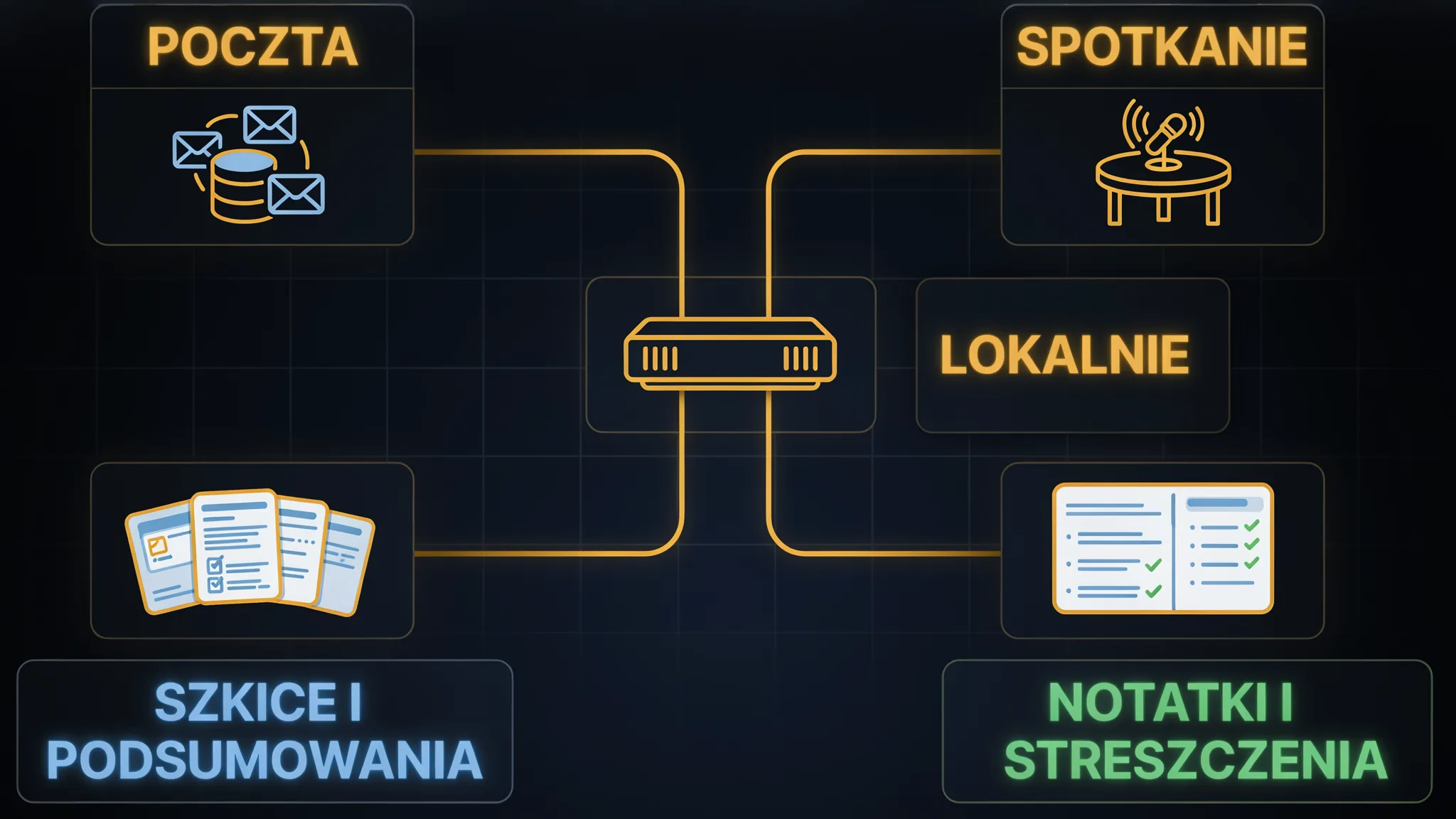 Schemat integracji komunikacji: serwer pocztowy IMAP/Exchange i sala spotkań połączone z lokalną jednostką LLM, z której wychodzą szkice odpowiedzi i notatki — całość w obrysie biura