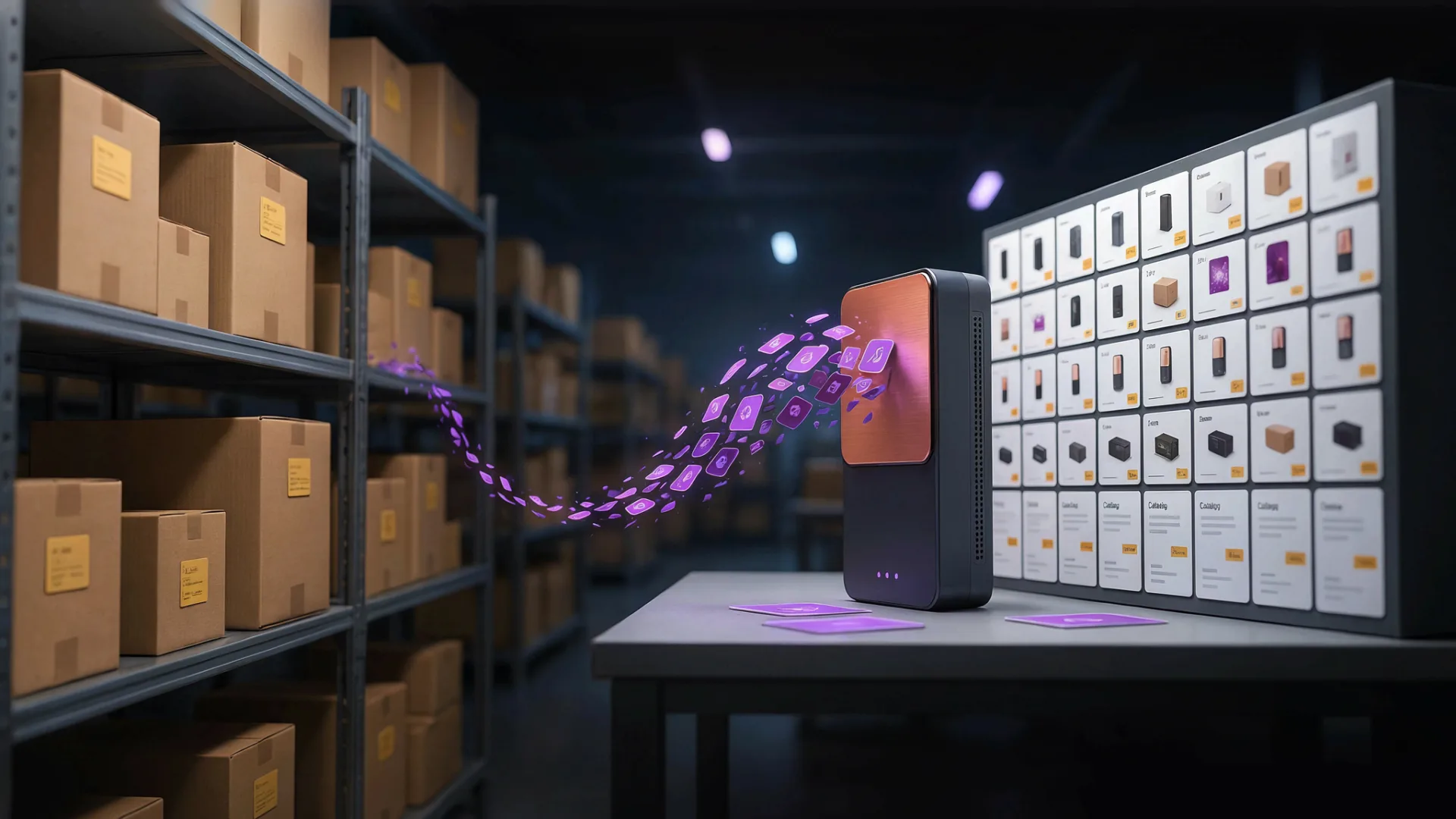Nocne centrum logistyczne sklepu internetowego: regały z paczkami i strumień kart produktowych porządkowany przez kompaktową jednostkę obliczeniową, na zewnątrz przekreślona chmura