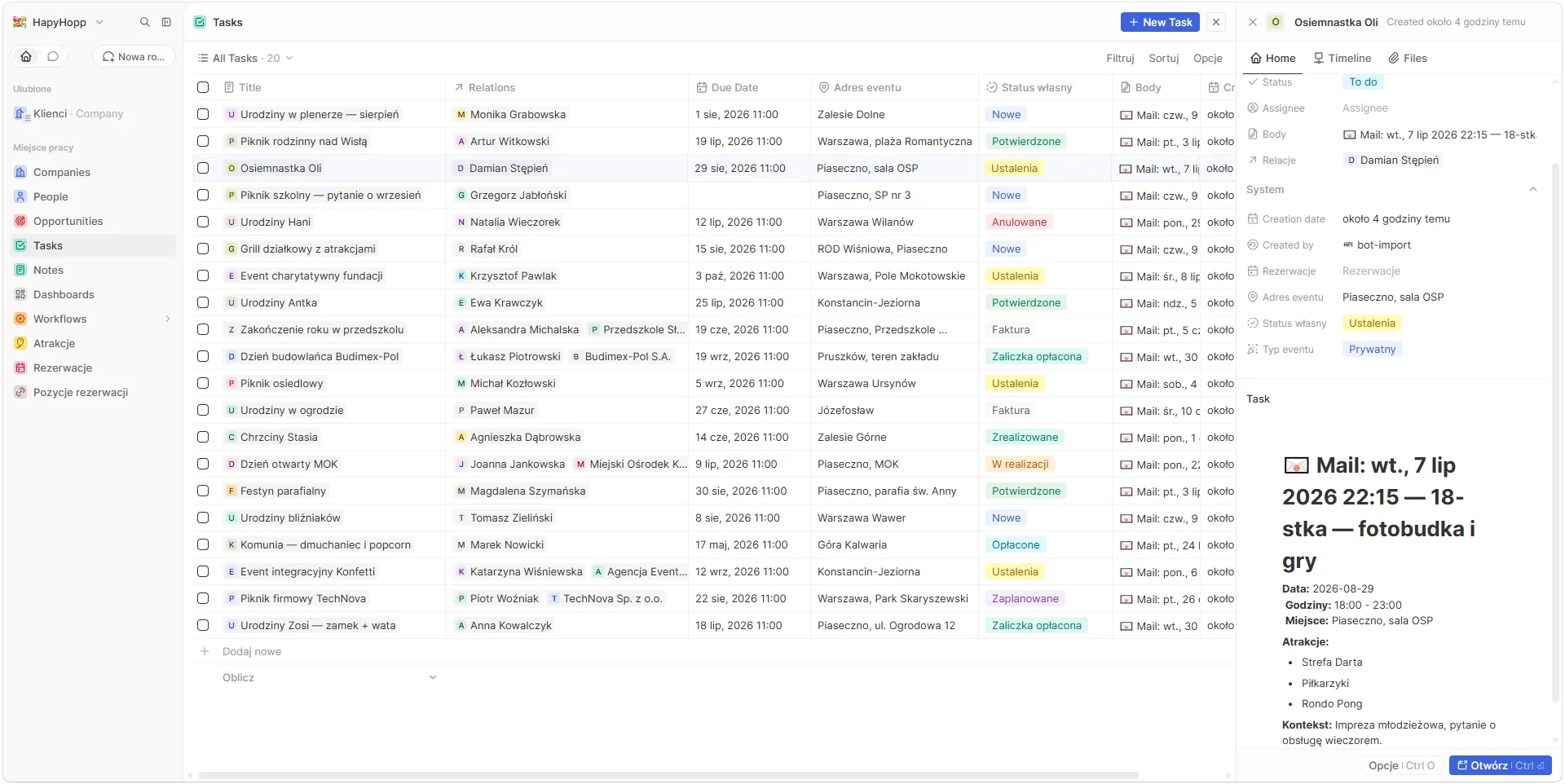CRM Twenty — zadania z terminami, adresami eventów i statusami utworzone z maili