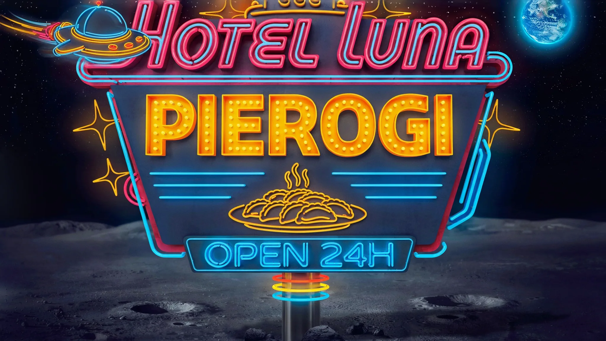 Neonowy szyld hotelu na stacji księżycowej w stylu retro-futurystycznym, zapraszający na pierogi — wygenerowany lokalnie przez Ideogram 4